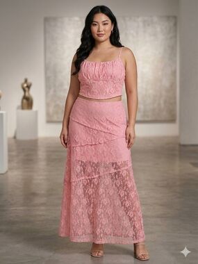 No Boundaries Pink Lace Tiered Plus Size Maxi Crop Top Set XXL